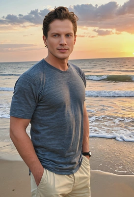 as a sturdy man in a casual outfit, enjoying a sunset on the beach