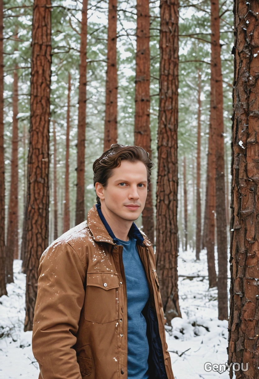 in a brown jacket, walking in a snowy forest with tall pine trees, mid-shot 