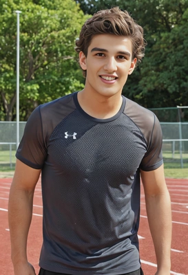 mid-shot, with curly hair, in a breathable mesh athletic shirt, at a city park's running track