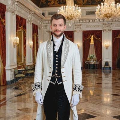 as an 18th-century courtier, dressed in a velvet frock coat with lace cuffs, standing in a grand ballroom with chandeliers and marble floors