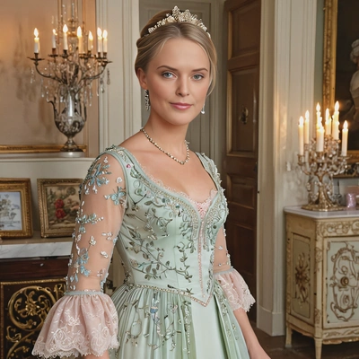 as a French Revolution aristocrat, dressed in a delicate pastel gown with elaborate embroidery, standing in a candlelit salon