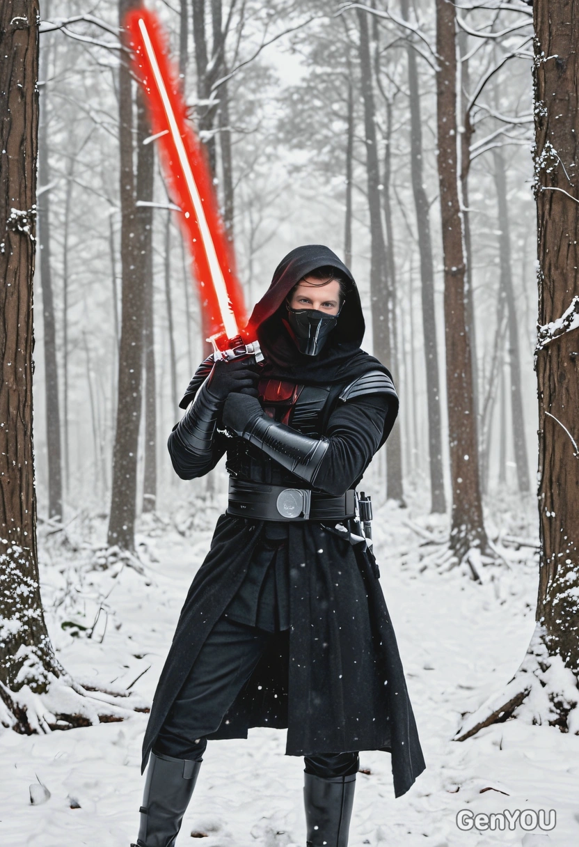 as Kylo Ren, holding a crossguard lightsaber, standing in the midst of a snowy forest