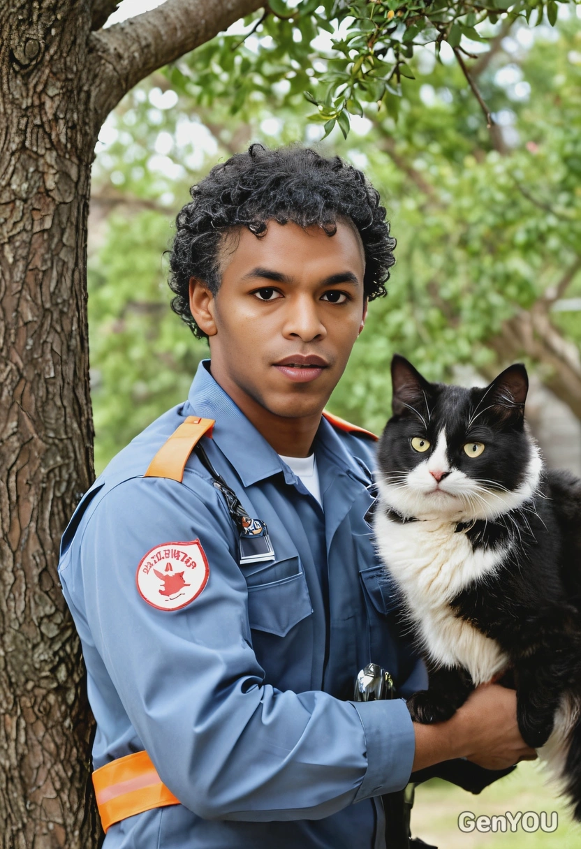 as an emergency service worker, black curly hair, trying to save an angry cat from the tree, blurred background