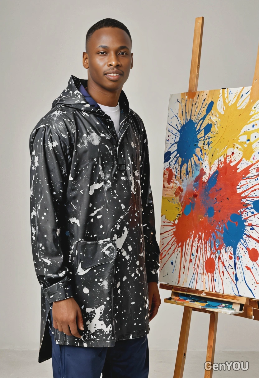 as an artist, wearing a paint-splattered smock, standing in front of an easel 