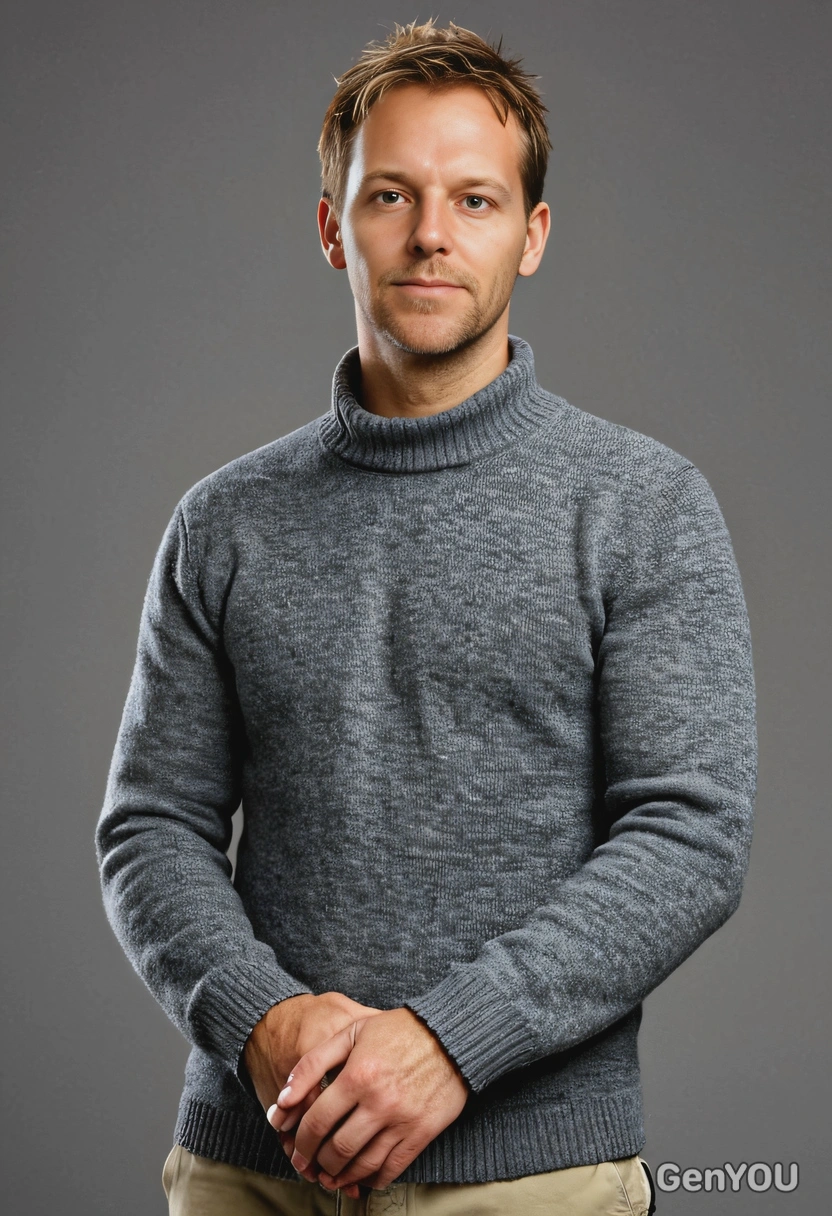 standing against a grey background, hands loosely clasped together in a lock at waist level, pose is relaxed, neutral and natural demeanor, short hair