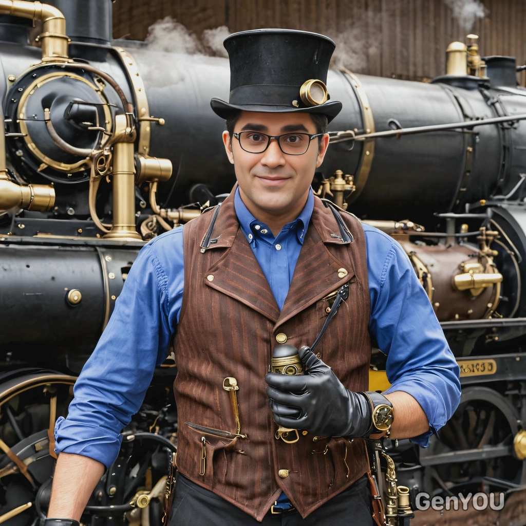 as a Steampunk engineer, wearing a vest with brass tools, leather gloves, and a top hat with goggles, standing next to a steam-powered engine