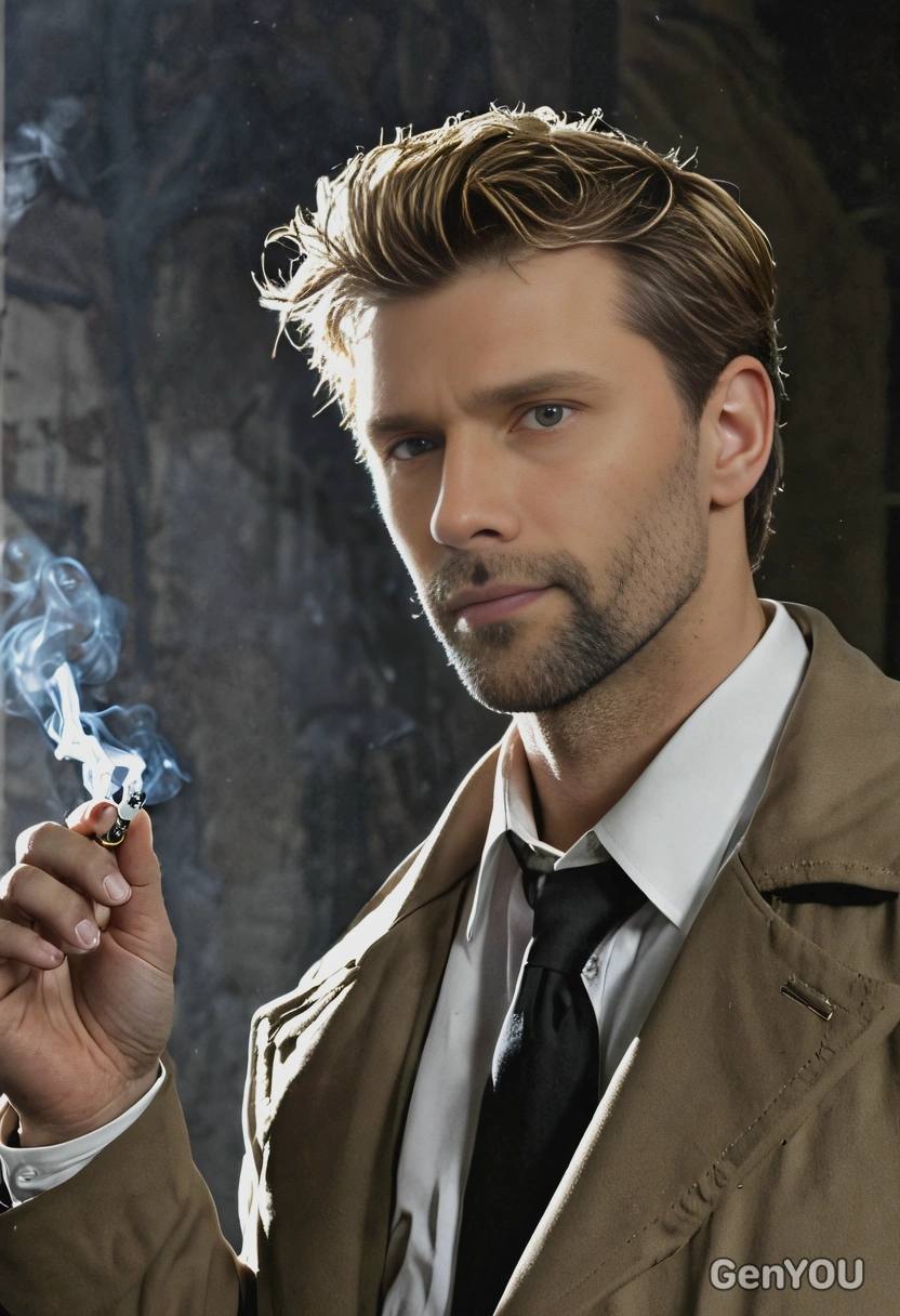 John Constantine, with a cigarette, in the shadows
