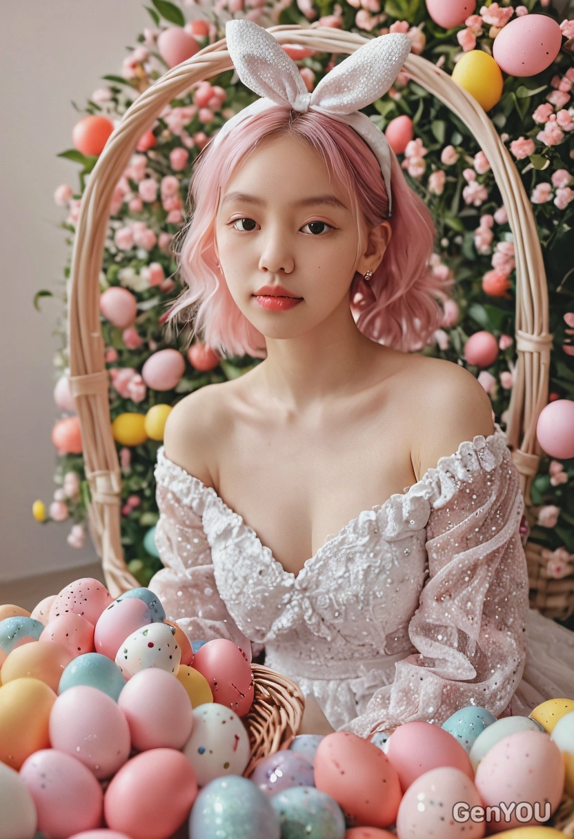 iPhone camera quality, hyperrealistic textured skin, full-body photo, cinematic look, pastel pink hair, sparkly white dress, sitting inside a big Easter basket, surrounded by giant colorful Easter eggs and glittery decorations, blurry flower field background, soft light, fashion photoshoot style