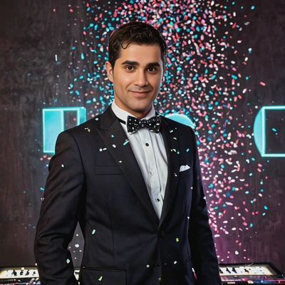a man in a stylish suit and bowtie, standing in front of a DJ booth with confetti falling around, illuminated by flashing neon lights, half body portrait 