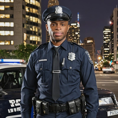 as a police officer in a navy blue uniform with a badge and utility belt, standing in front of a patrol car, ready to start a night shift in the city background
