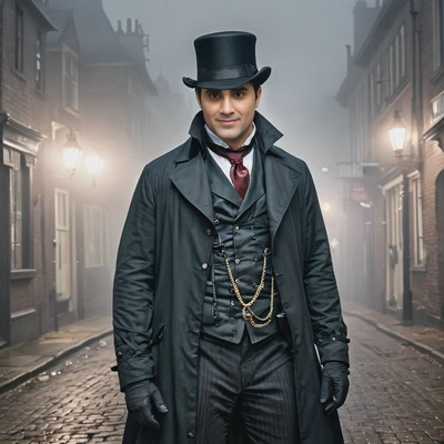 in a Jack the Ripper costume, standing in a foggy Victorian street
