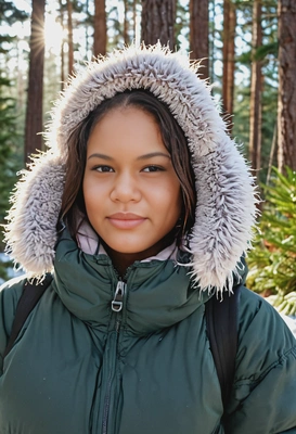 in a puffy winter jacket snowy fir forest behind blurry background soft morning sunlight crisp face detail quality
