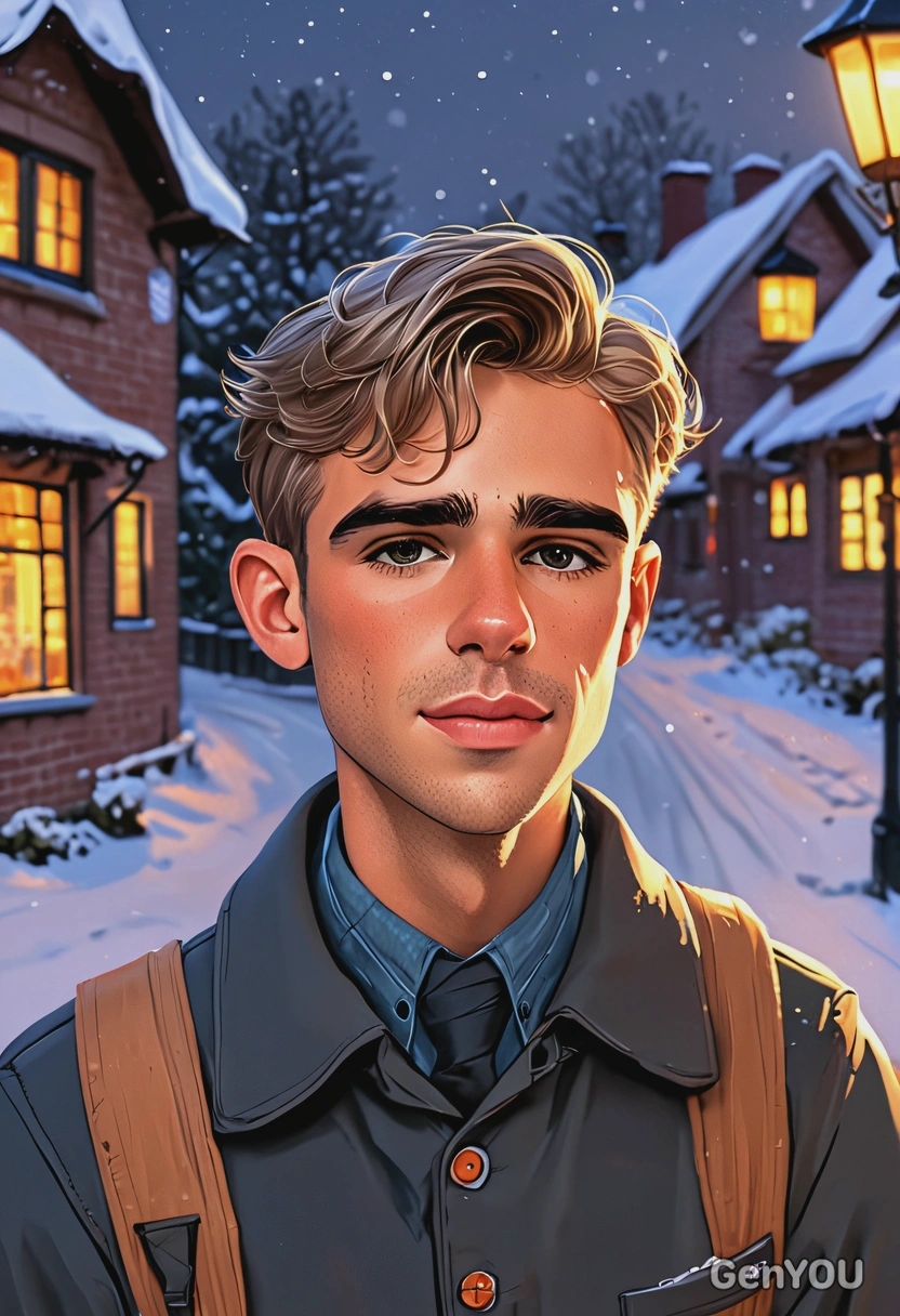Hand-drawn flat cartoon style, Jesper the postman from Klaus, fluid expressive outlines, soft lantern glow lighting, waist-up portrait, snowy village background