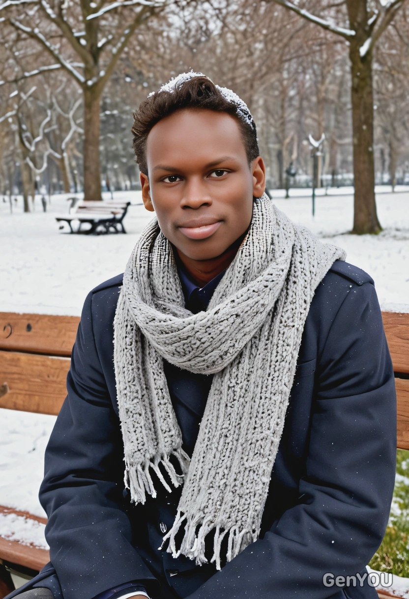 in a scarf and coat, sitting on a bench in snow-covered park 