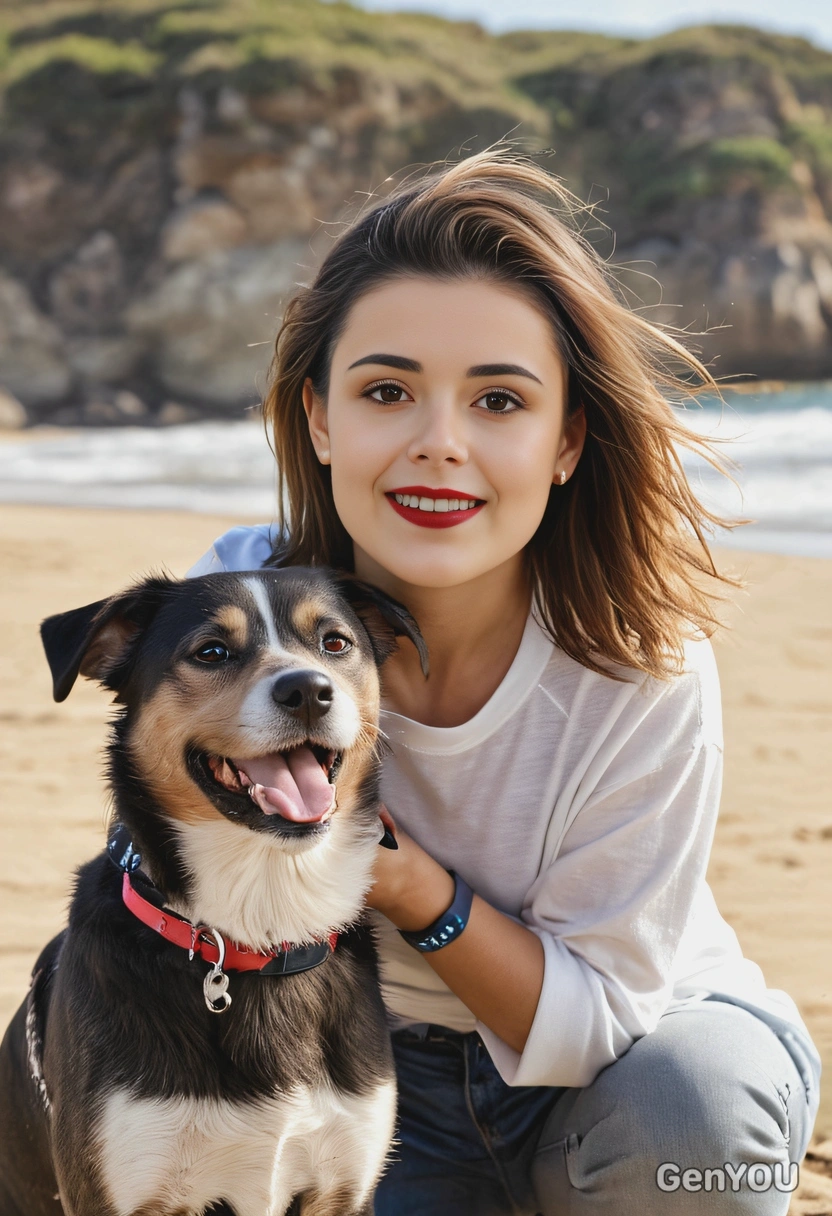 smiling, with her energetic dog on a sunny beach, soft focus, blurred background 