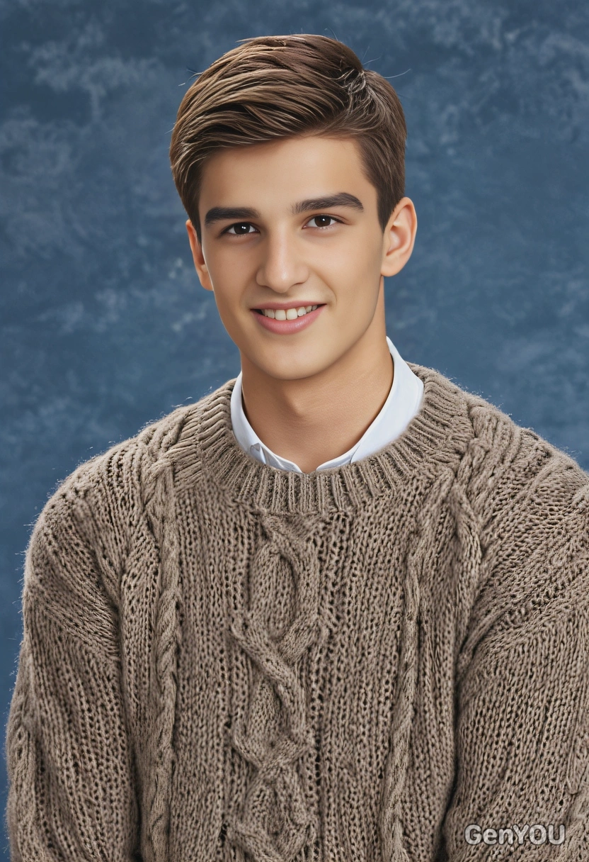 student with side-swept bangs, in a chunky cable knit sweater, with a thoughtful expression, blue yearbook background 