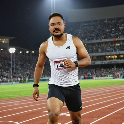 as a sprinter, wearing a sleek athletic outfit, with stadium lights illuminating the night
