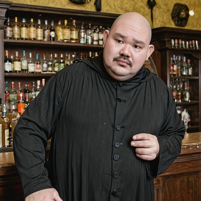 in an Uncle Fester costume from The Addams Family, standing near the bar