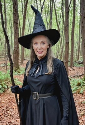 As the Wicked Witch from The Wizard of Oz, wearing a black pointed hat and dark robes, standing in a spooky forest