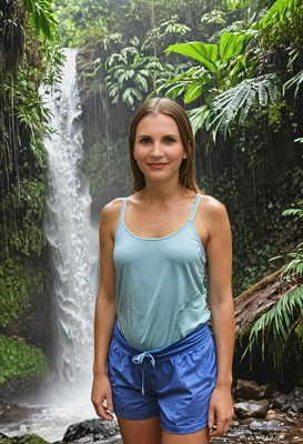 standing under a waterfall in a tropical rainforest