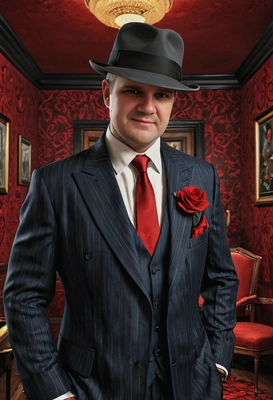 As a godfather mob boss in a pinstripe suit, fedora hat, dark Italian room, red rose in pocket, smoking a cigar, looking at you, smiling, vivid colors, symmetrical clothing details, video game style, high-quality stylized art
