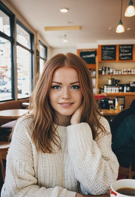 at a cafe, oversized sweater, coffee, gently tousled hair, soft smile, eyes on you, symmetrical clothing details, vivid colors, sharp high-quality image, midday indoor lighting, fujifilm instax view