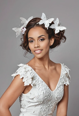 at photoshoot for fashion magazine, white dress, hairdo, butterflies