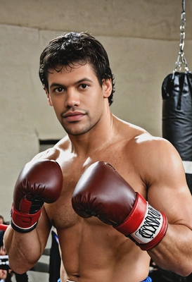 as Rocky Balboa, mid boxing match 