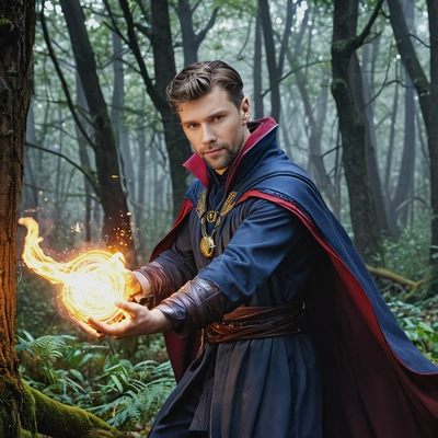 Doctor Strange casting intricate spells, in a dark forest