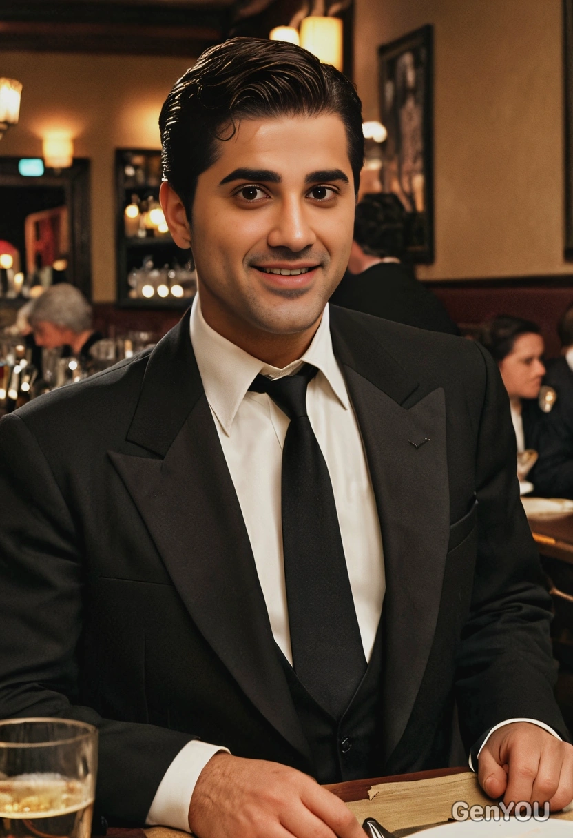 as Michael Corleone in The Godfather, with slicked-back dark hair and a formal suit, in a dimly lit Italian restaurant 