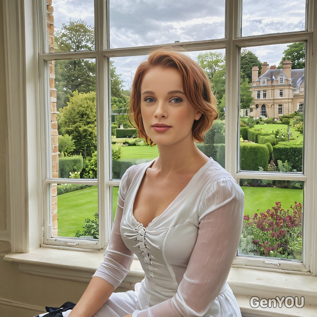 sitting by a large window in a stately home, a sweeping garden on the background