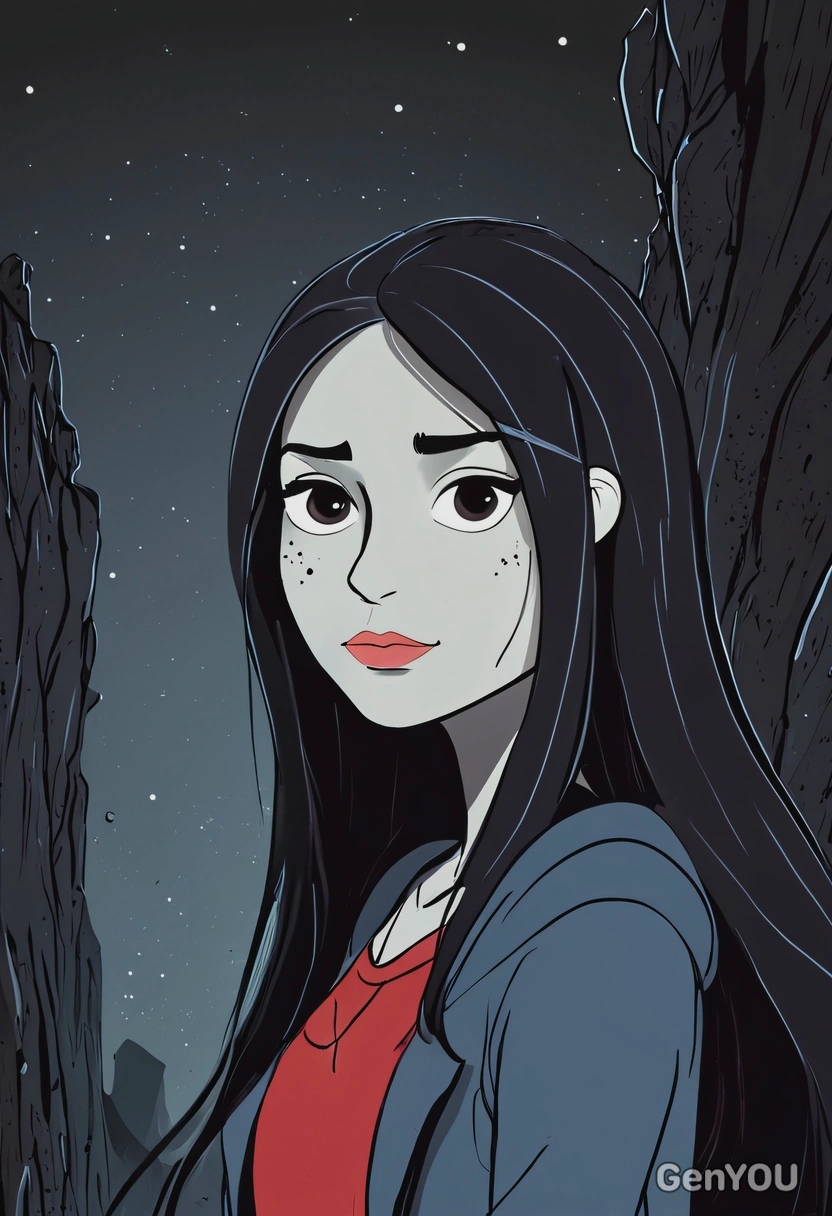 Hand-drawn flat cartoon style, Marceline from Adventure Time, expressive outlines, dots eyes, moonlight lighting, waist-up portrait, dark cave background