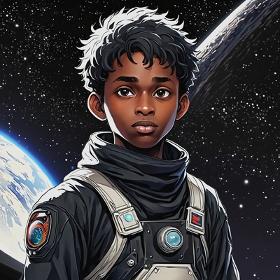 Anime-style astronaut headshot on a distant planet