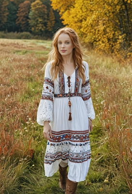 wearing a boho-style dress, walking through autumn meadow