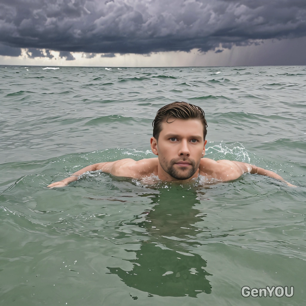 swimming near the surface as a storm rages above