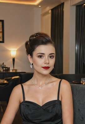 mid-shot, soft smile, with an elegant updo, small earrings, wearing a black cocktail dress, in a dimly lit lounge 