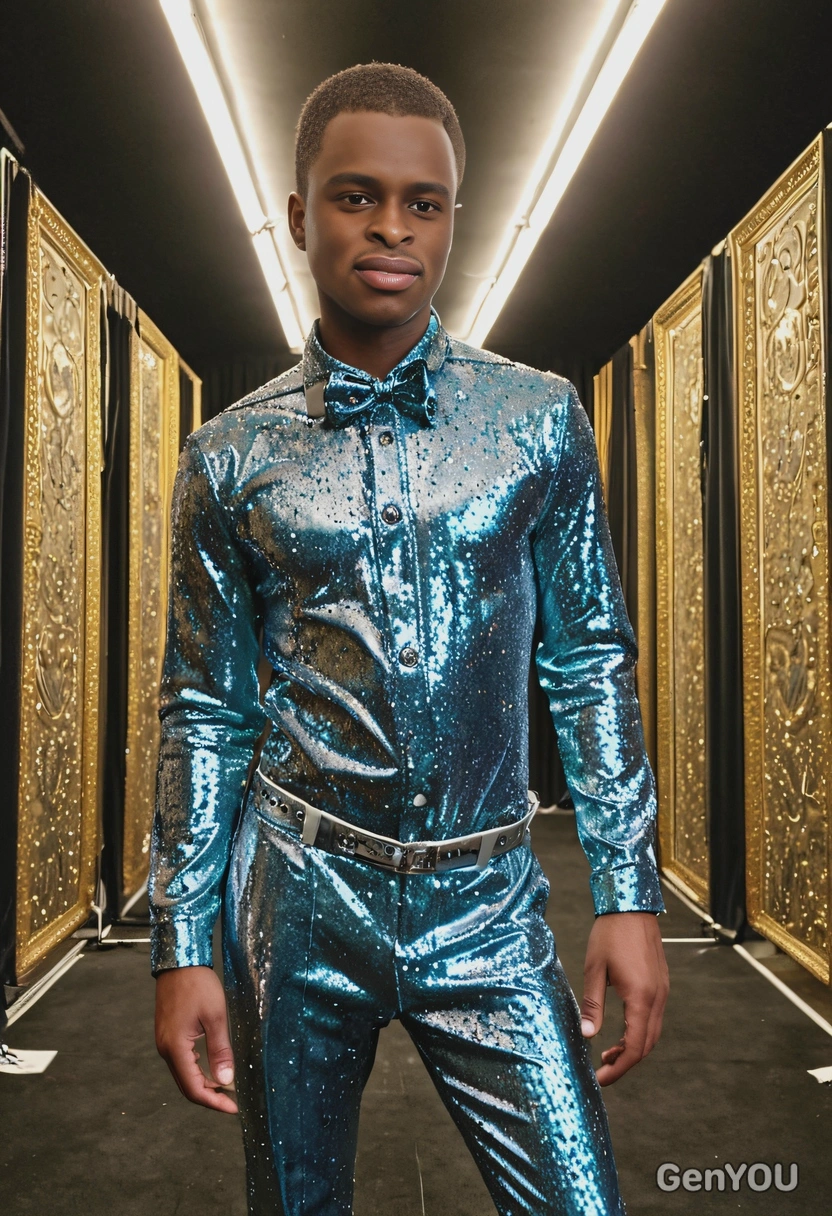 in crazy glittery outfit, backstage of a theater, symmetrical details, soft lighing