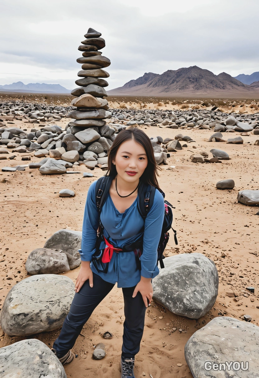 A solo adventurer following a trail marked by stone cairns in a desert