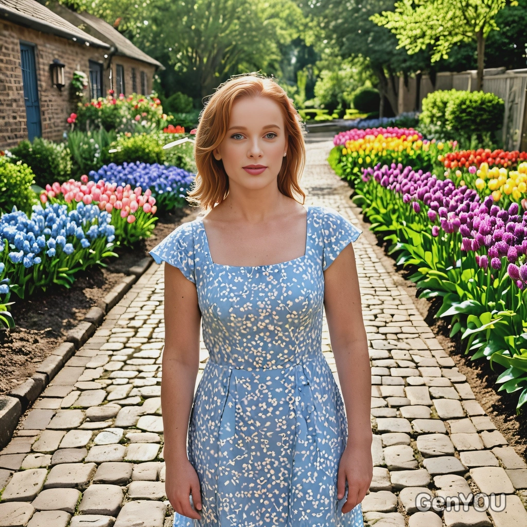 in a light blue dress, standing through a cobblestone path lined with colorful tulips and lilacs, the bright sunlight casting shadows through the garden, half body portrait 