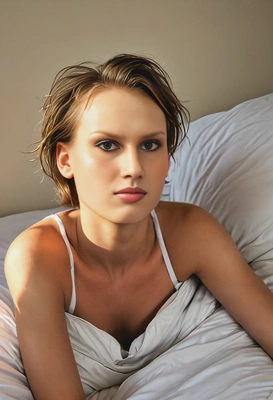 "laying in bed with early morning sunlight capturing serenity akin to dancer headshot"