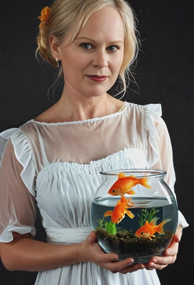 wearing white dress, holding a fishbowl with a goldfish, blurred background, dark cinematographic style