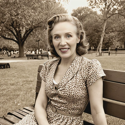 in a 1940s tea dress, sitting on a park bench, faded sepia tones