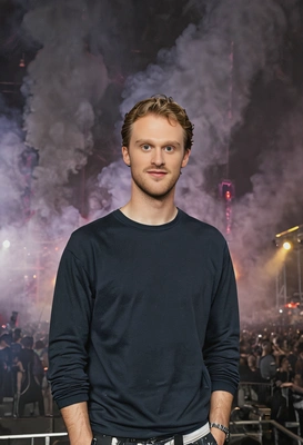 at a music festival, wearing casual festival outfits, standing in front of a large stage with lights and smoke effects, half body portrait 