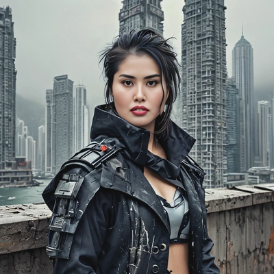as a cosplayer of post-apocalyptic movie, cyberpunk, old torn tattered coat, standing by broken wall, futuristic Hong Kong skyscrapers on horizon, winter, snowstorm, looking straight at camera, dull colors, high-quality cinematographic style