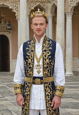 as a royal prince, dressed in a ceremonial outfit, standing at the palace courtyard 