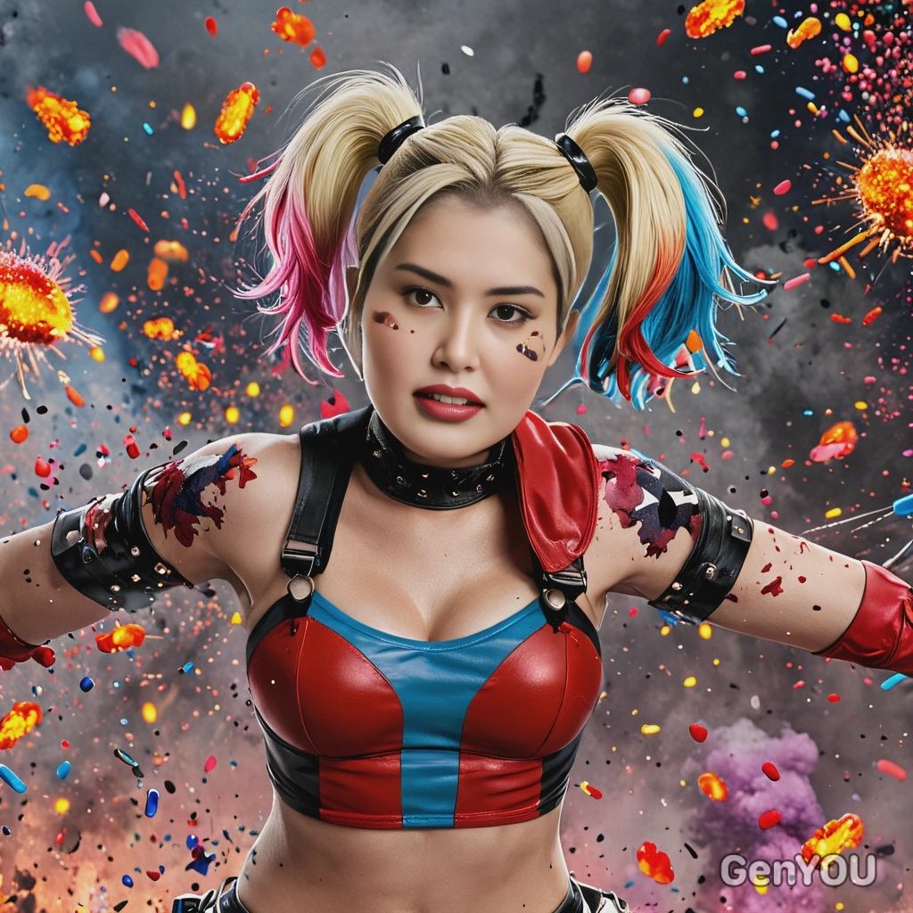Harley Quinn, surrounded by colorful explosions
