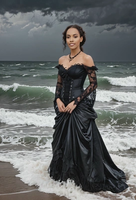 dressed as a gothic bride in black dress, standing by a stormy sea with dark waves crashing behind