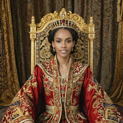 a queen wearing a magnificent crown and a richly embroidered robe, seated on an elaborate golden throne with majestic curtains behind her
