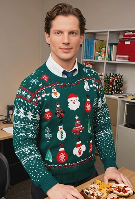 As a co worker dressed in Christmas sweaters, participating in a holiday-themed office party with games and treats
