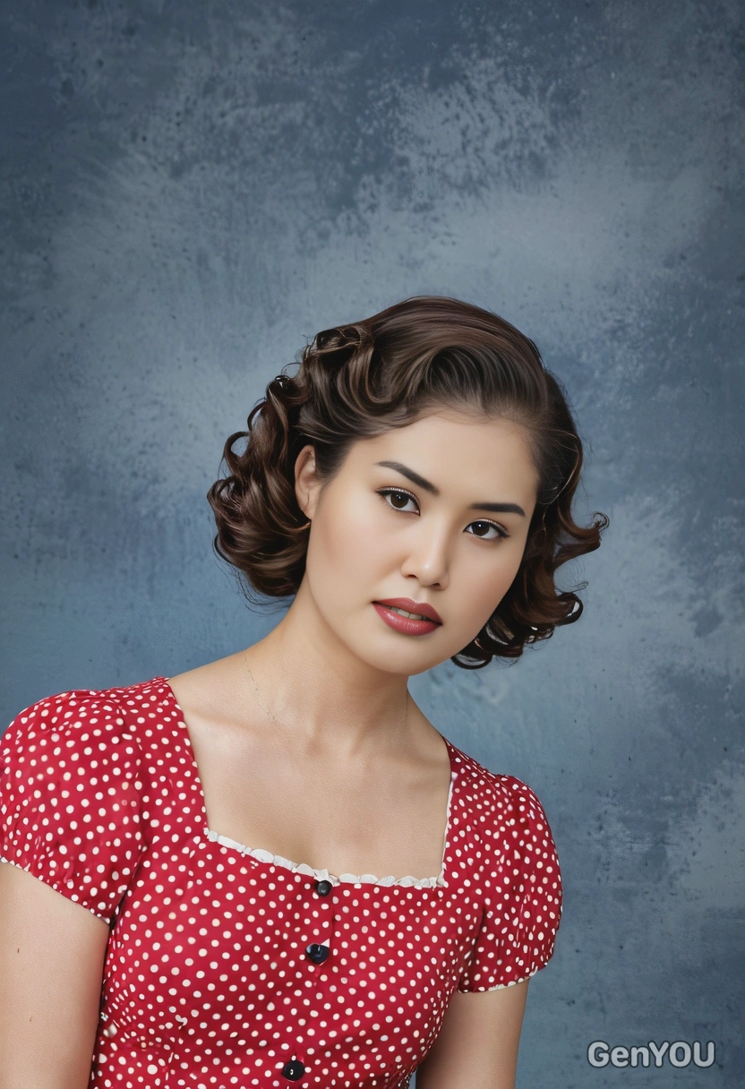 stylish student with pin curls, in a retro red-and-white polka dot dress, solid blue yearbook background, mid-shot photo 